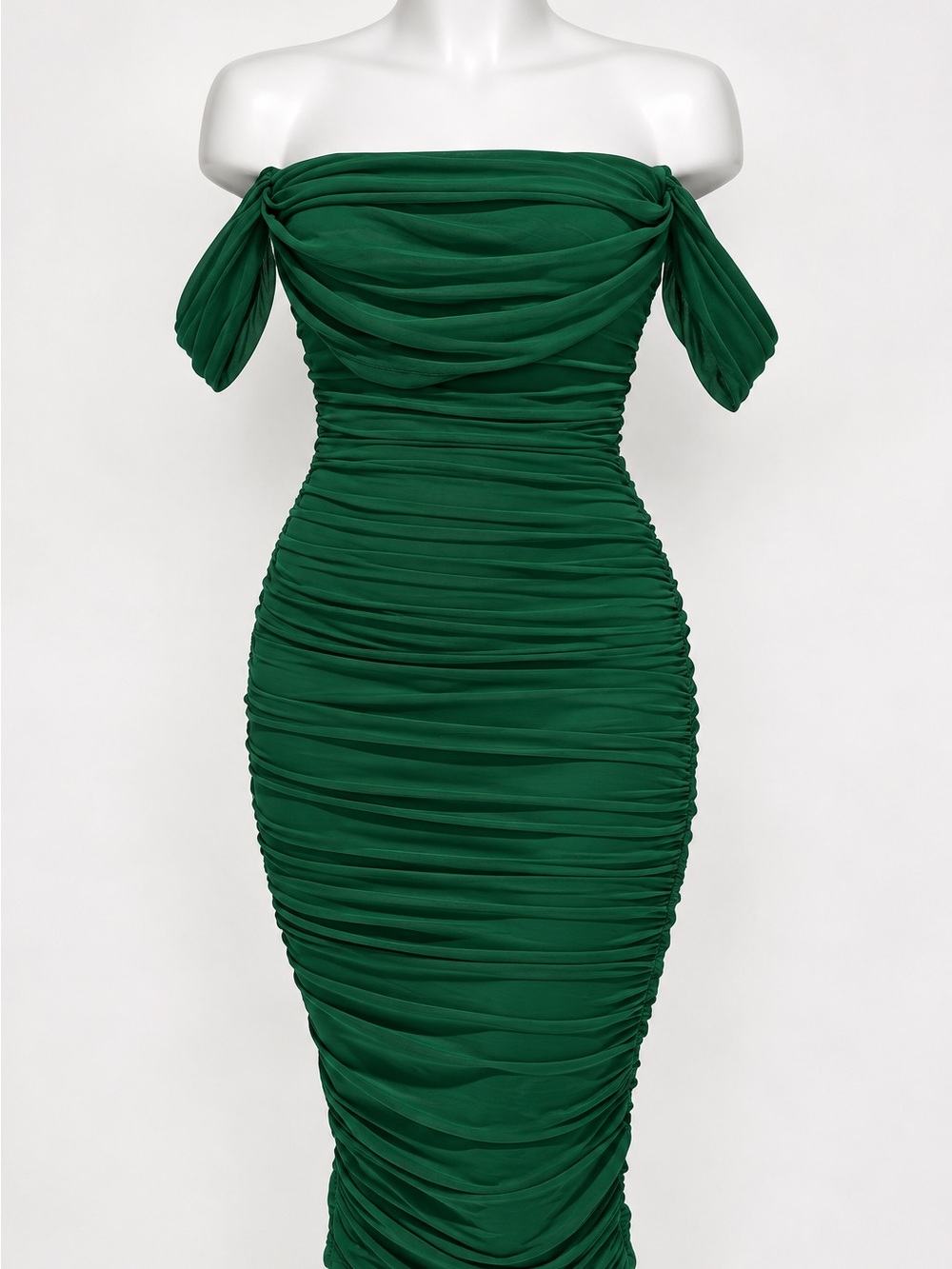 Green Ruched Off Shoulder Bodycon Midi Dress M